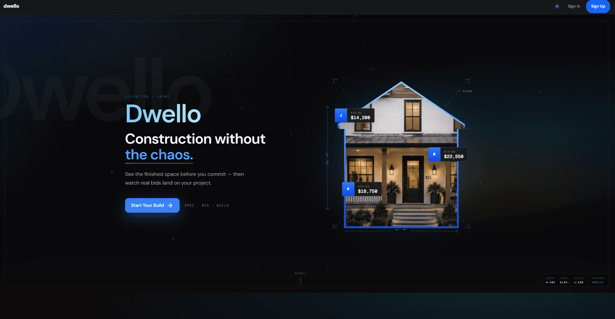 Dwello site at dwellopro.com, with an elevation drawing and contractor bids on the house