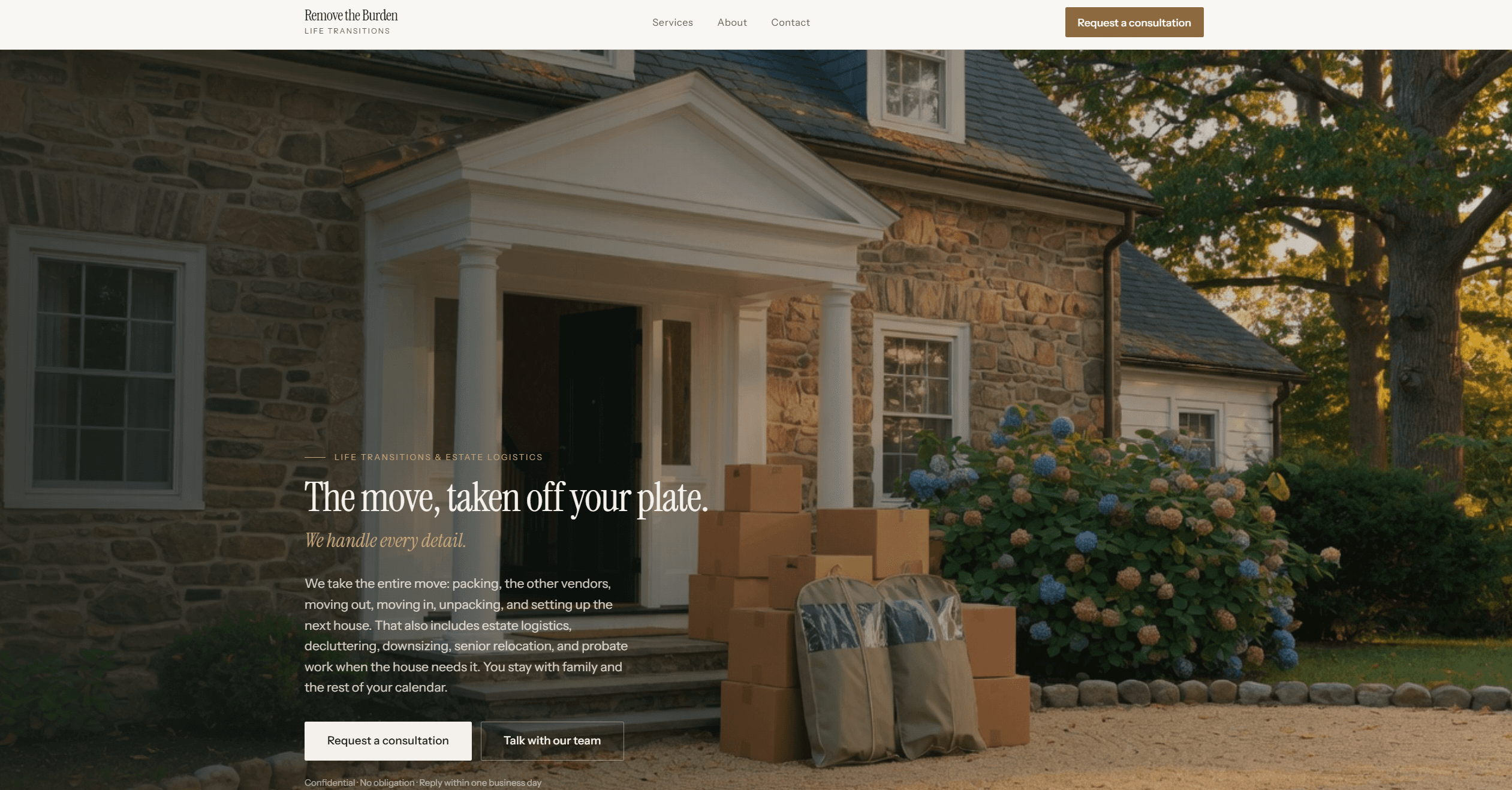 Remove the Burden website for life transitions and estate logistics, with a stone house, packed boxes, and a request for a private consultation
