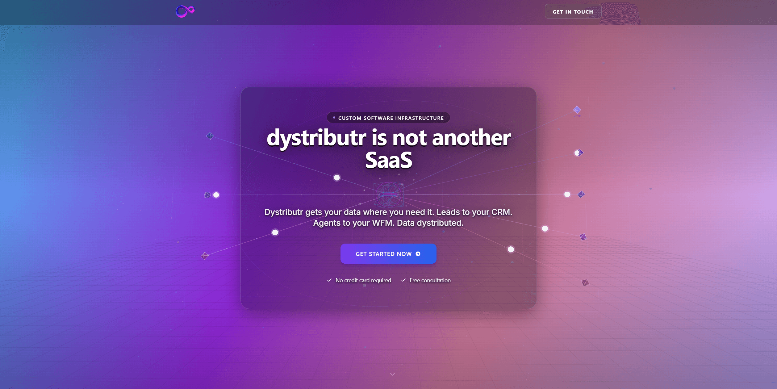 Dystributr product landing page explaining custom data integrations on a laptop-width layout