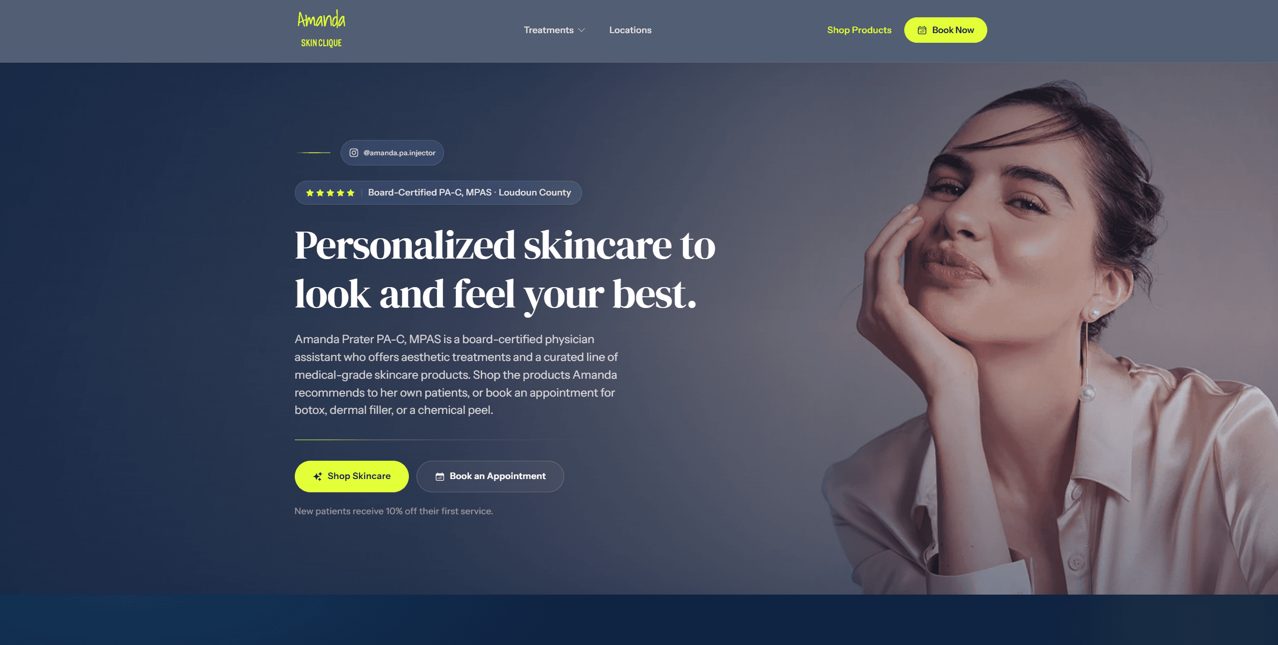 Injector Amanda concierge aesthetics and skincare website on a laptop-width layout