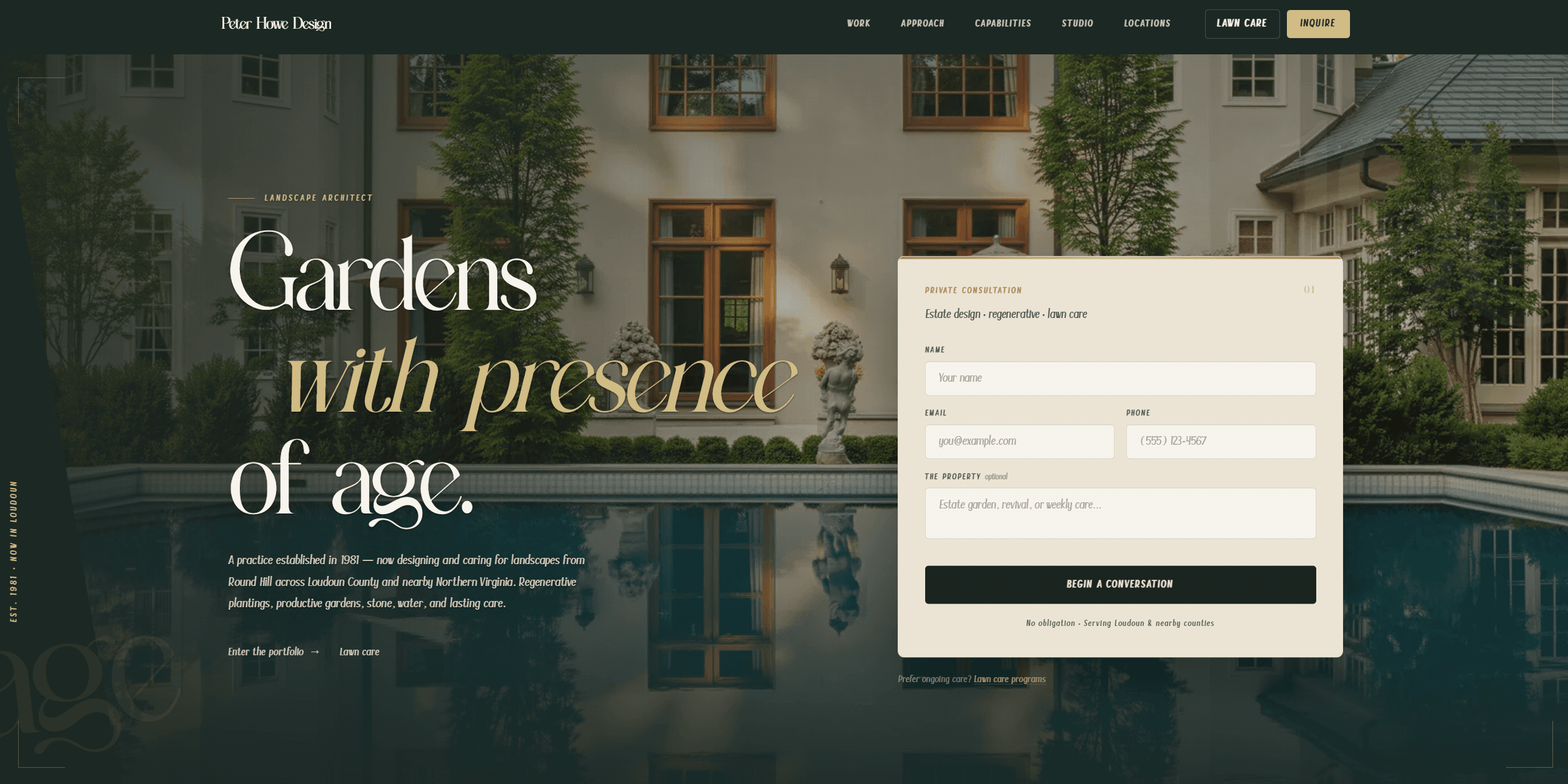Peter Howe Design website showing the estate landscape portfolio and practice story on a laptop-width layout