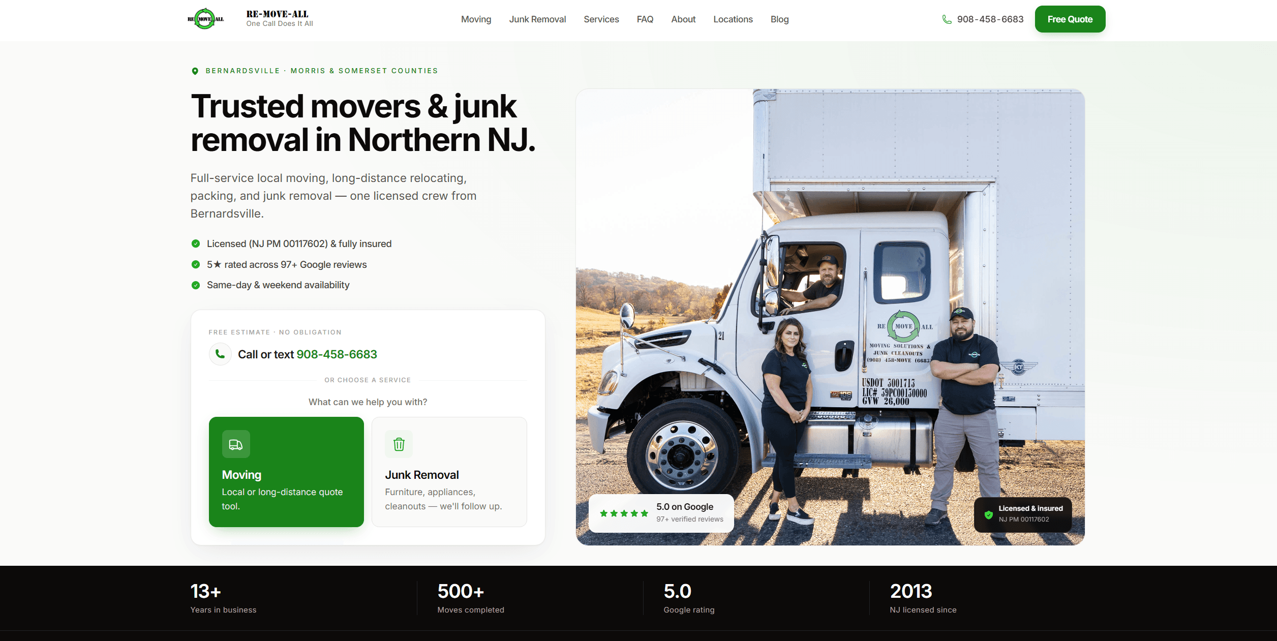 Re-Move-All website for Northern New Jersey movers and junk removal on a laptop-width layout